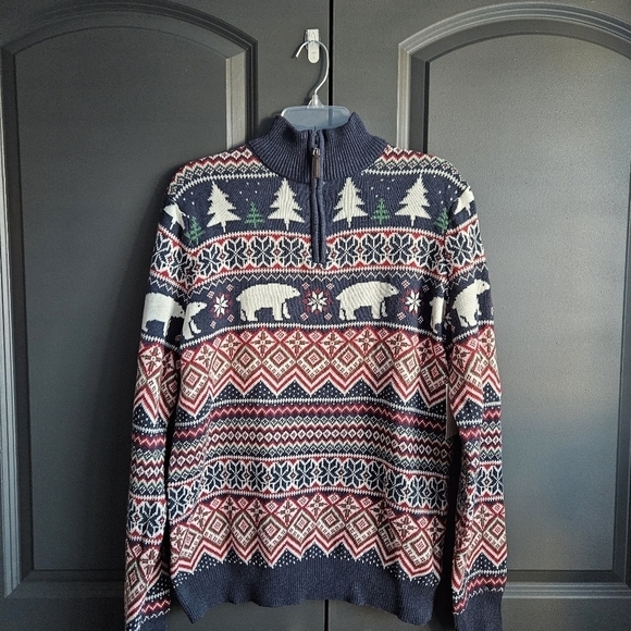 Aspen Mens Polar Bear Fair Isle Quarter Zip Sweater Sz Large Blue Red Novelty - Picture 1 of 11